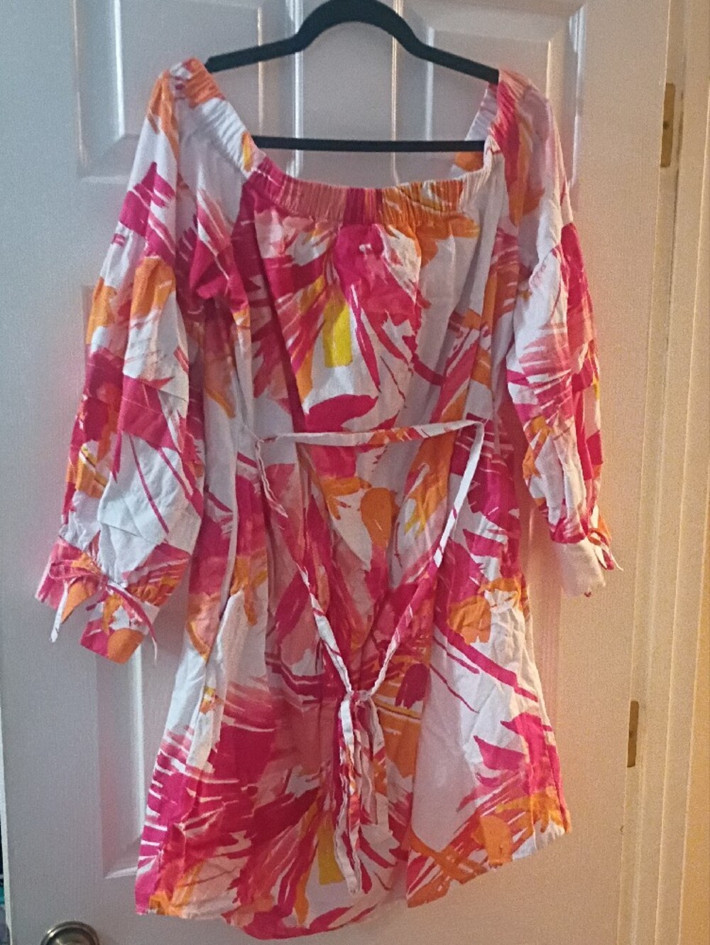 New York & Company Pink and Orange Abstract Off-Shoulder Tunic Dress - Picture 7 of 7